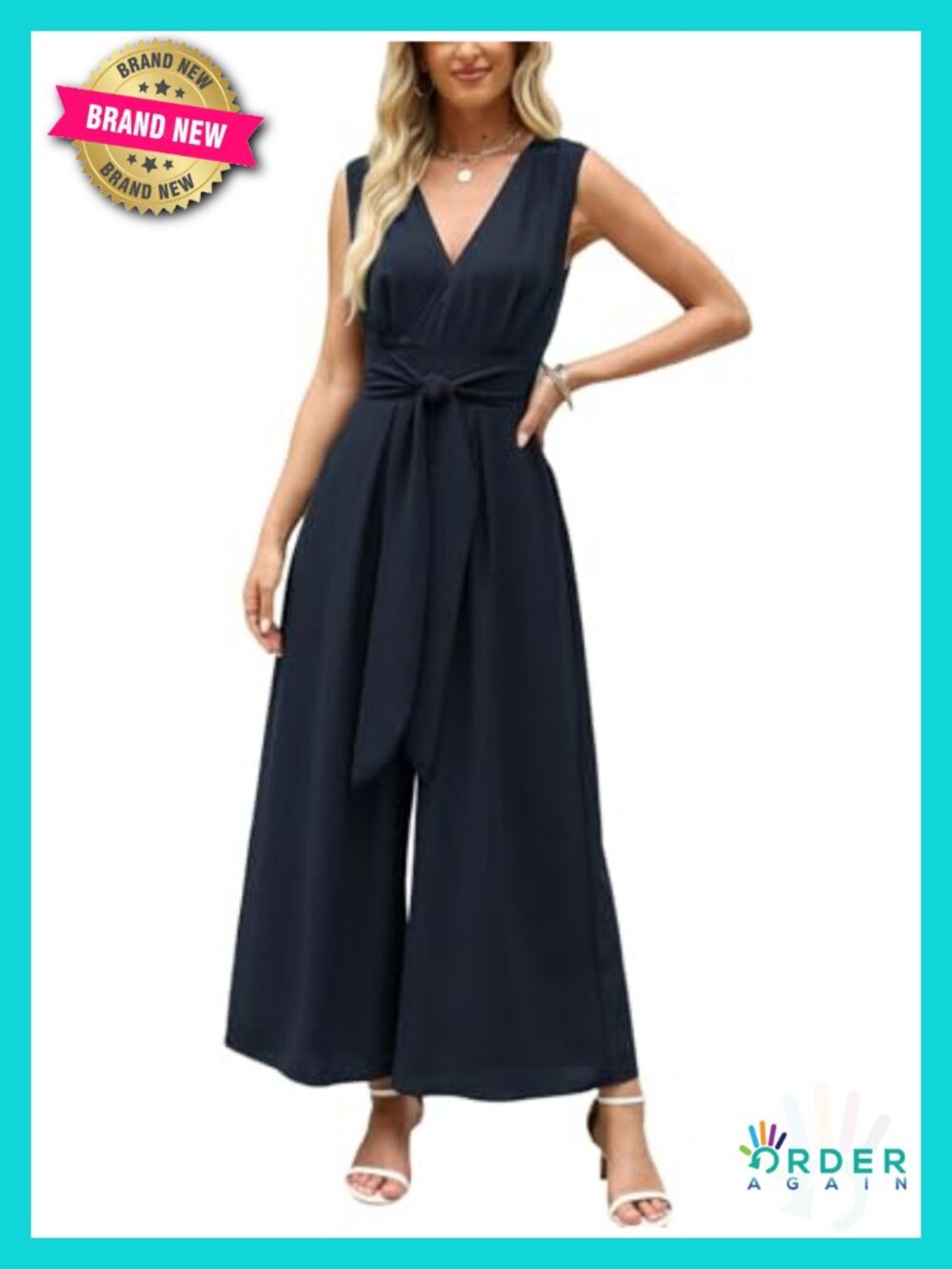 Sleeveless V Neck Jumpsuit with Belted Wide Leg